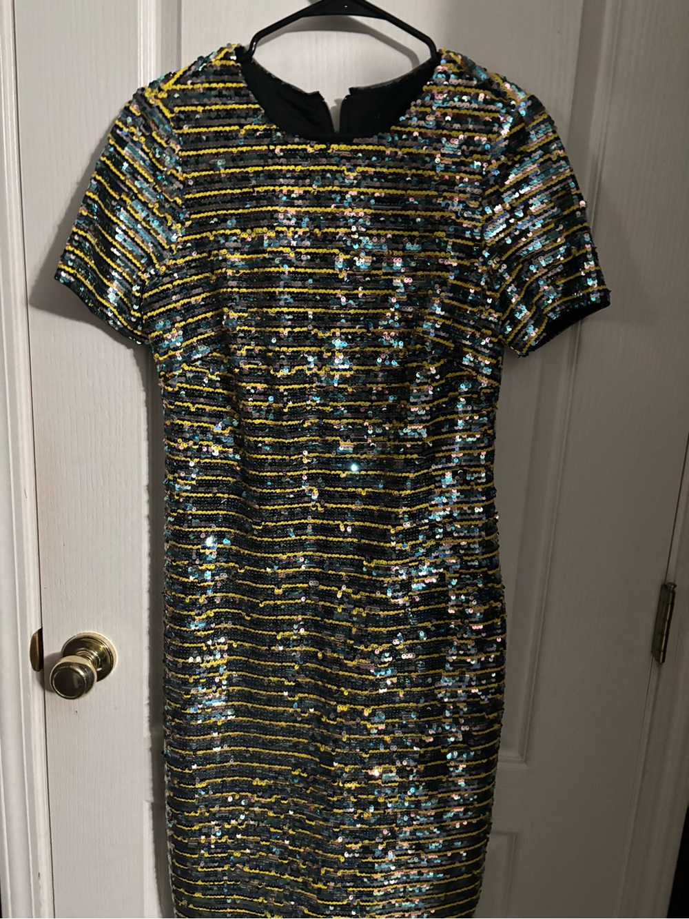 Sequin Stripe Short-Sleeve Cocktail Dress